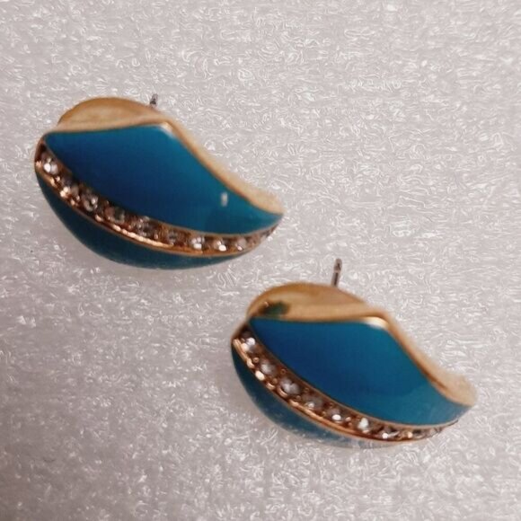 VENDOME Signed Vintage Turquoise Blue Enamel Post Earrings & Rhinestones Jewelry - Picture 7 of 14